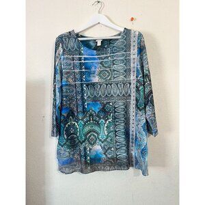 Chico's Womens Paisley Print 3/4 Sleeve Tunic Top Size 3 Multicolor Boho Stretch